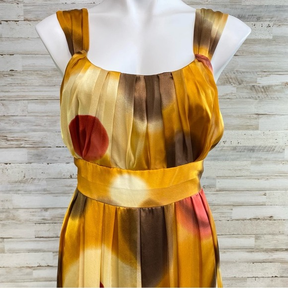 Suzi Chin by Maggy Boutique Silk Dress Womens Size 12 Gold Red Print Tie Waist - Picture 3 of 13